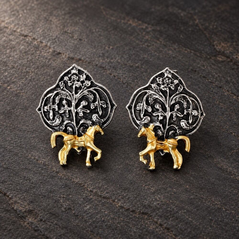Horse Animal Gold Ornate Shield Stud Earrings Antiqued Boho Filigree Equestrian